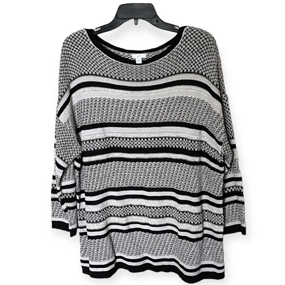 J. Jill Black and Cream Striped 3/4 Sleeve Oversized Chunky Knit Sweater Size L